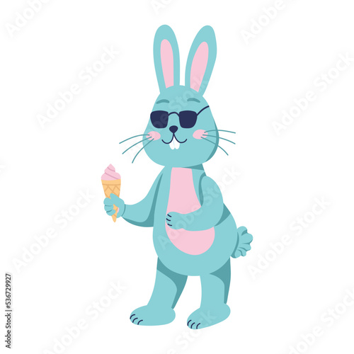 Rabbit is a character with ice cream. Flat vector illustration