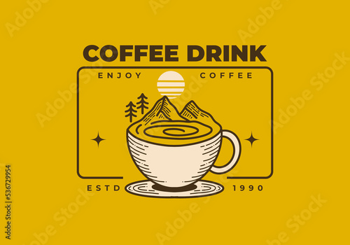 Retro coffee cup and mountain illustration design