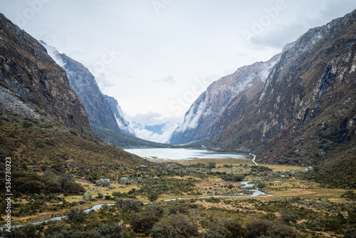 amazing view of laguna 69 trekking in peruvian andes, huascaran © jon_chica