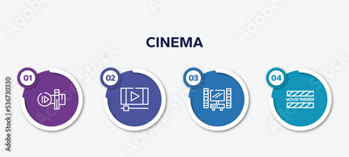 infographic element template with cinema outline icons such as slow motion, footage, home cinema, premiere vector.