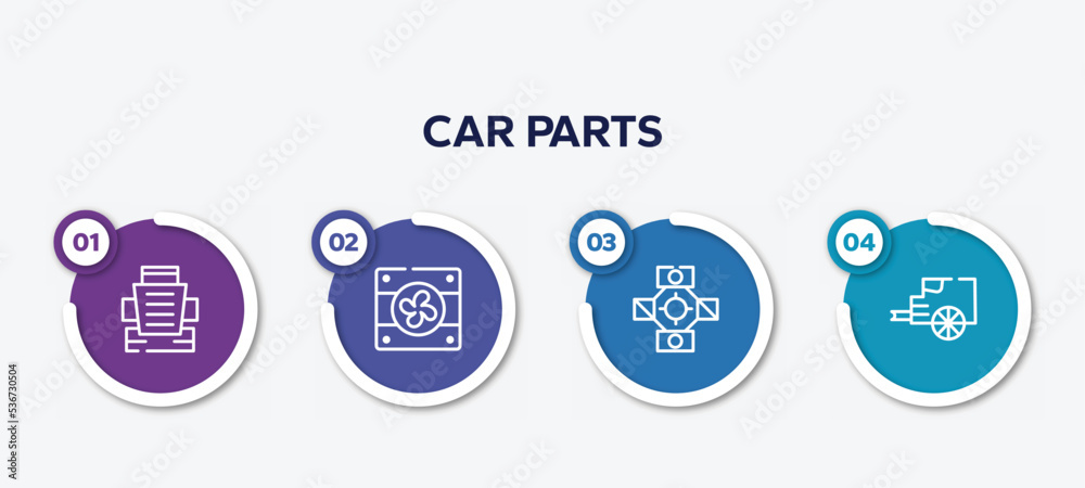 infographic element template with car parts outline icons such as car bucket seat, car fan, universal joint, tailpipe vector. infographic element template with car parts outline icons such as car bucket seat, car fan, universal joint, tailpipe vector.
