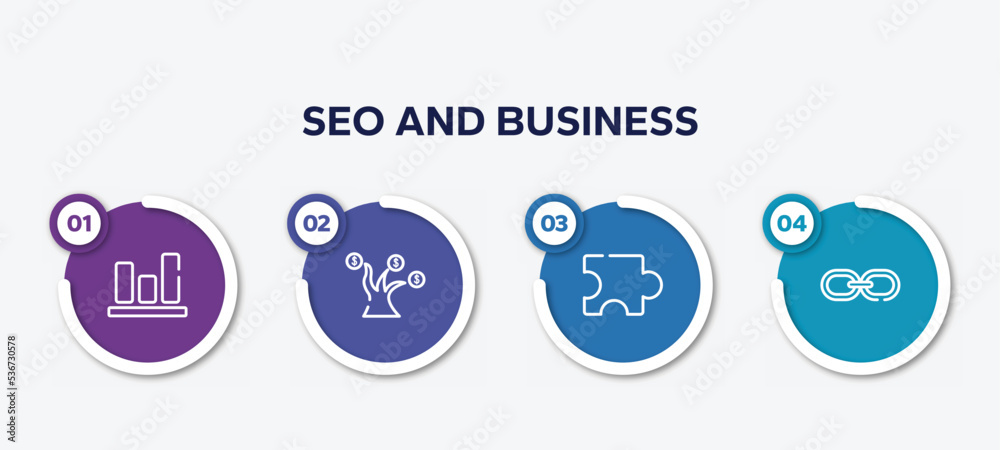 infographic element template with seo and business outline icons such as bar graphic, money tree, puzzle piece, web link vector.