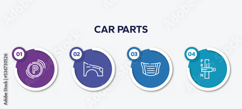 infographic element template with car parts outline icons such as car parking light, car fender (us, canadian), bonnet, transmission vector.