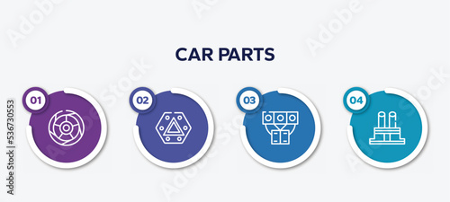 infographic element template with car parts outline icons such as car tyre, car hazard lights, manifold, distributor cap vector.