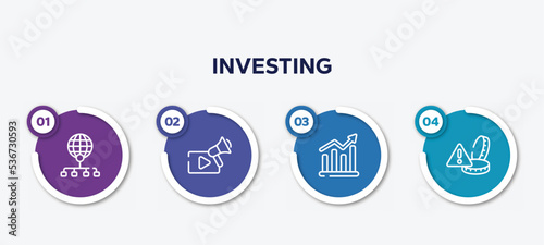 infographic element template with investing outline icons such as distribute, video marketing, demand, alerts vector.