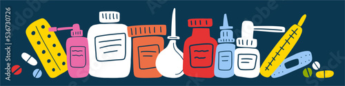 A horizontal set of medicines, hand-drawn in the style of a doodle