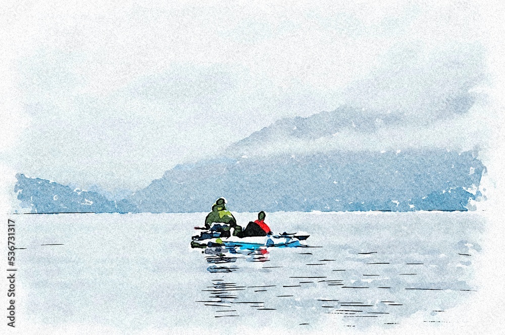 Fishing from kayak on calm water surrounded by mountain scenery Scotland Fishing from kayak on calm water surrounded by mountain scenery Scotland