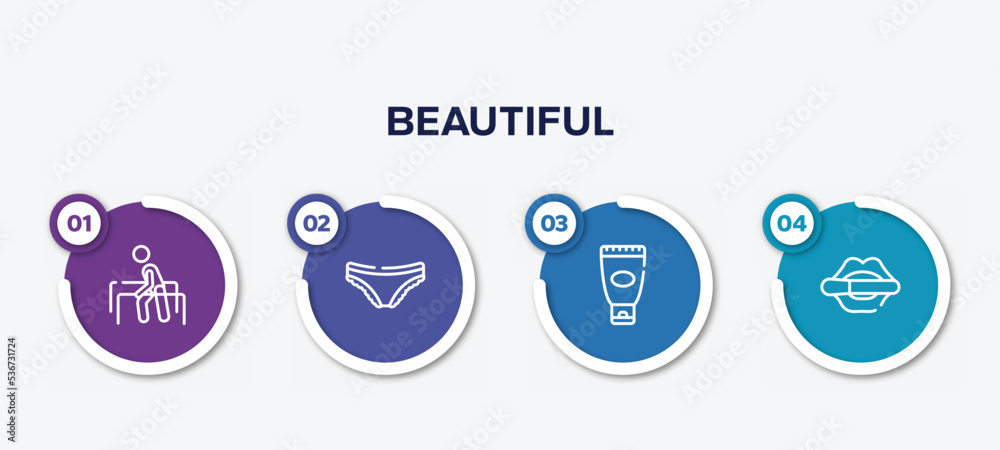 infographic element template with beautiful outline icons such as physiotherapy, panties, sun protection, women lipstick vector. infographic element template with beautiful outline icons such as physiotherapy, panties, sun protection, women lipstick vector.
