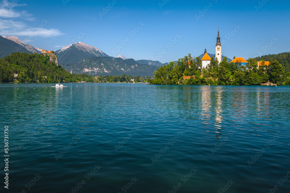 Travel destination with famous clean lake in Bled, Slovenia