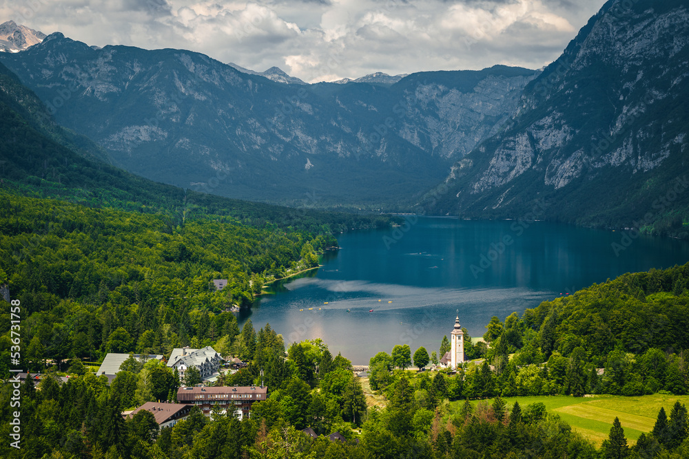 Great view with lake Bohinj and green forest, Slovenia