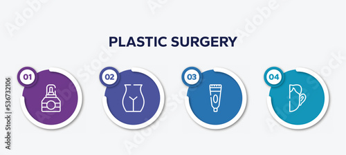 infographic element template with plastic surgery outline icons such as cologne, , tooth paste, otoplasty vector.