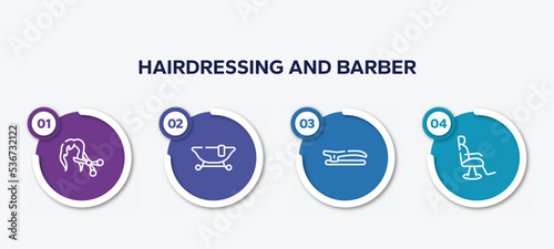 infographic element template with hairdressing and barber outline icons such as female hair cut with scissors, , hair clip, barber chair vector.