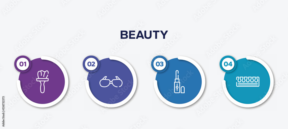 infographic element template with beauty outline icons such as tint, sun glasses, concealer, toe separator vector.