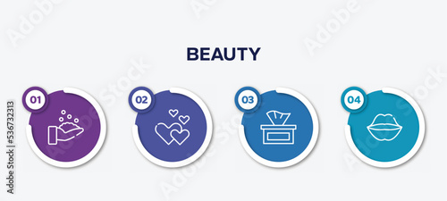 infographic element template with beauty outline icons such as hygienic, romantic, tissues, kiss vector.