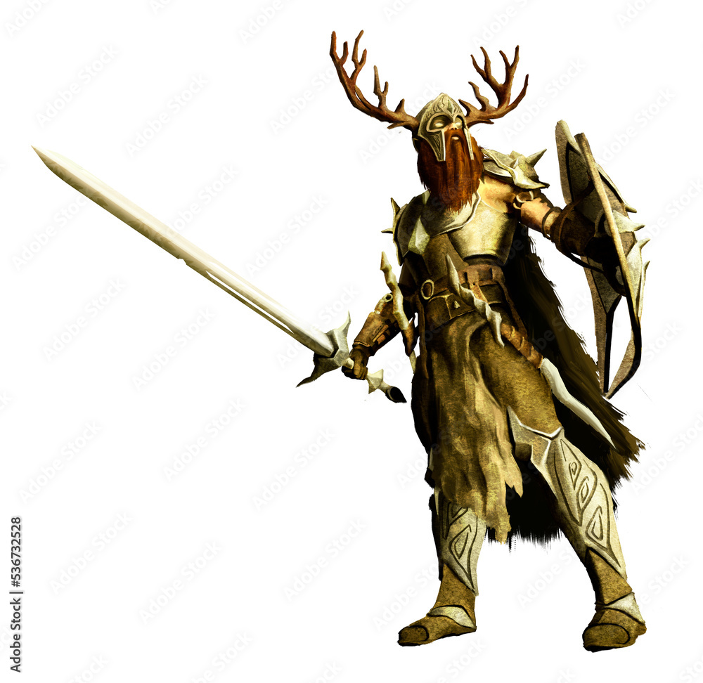 Fantasy character, knight with a shield and a long sword in full growth without a background. Forest warrior with a red beard in light armor with a cloak and a helmet with horns, 2d illustration. Fantasy character, knight with a shield and a long sword in full growth without a background. Forest warrior with a red beard in light armor with a cloak and a helmet with horns, 2d illustration.