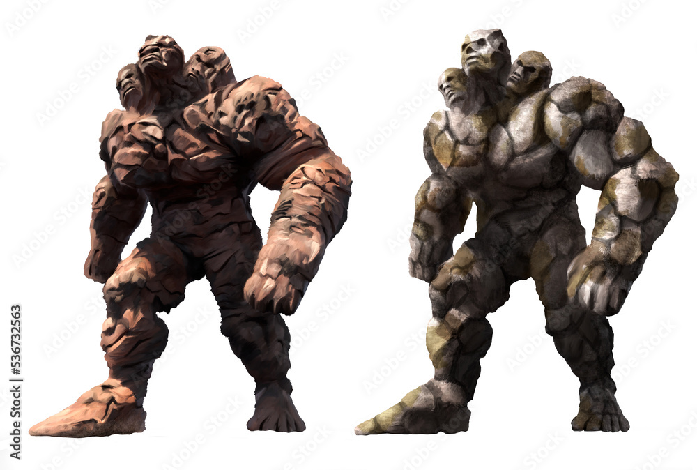 A set of fantasy characters, two huge stone giants in motion without a background in full growth. Clay and rock golems with three heads and powerful arms look up, stepping forward, 2d illustration. A set of fantasy characters, two huge stone giants in motion without a background in full growth. Clay and rock golems with three heads and powerful arms look up, stepping forward, 2d illustration.
