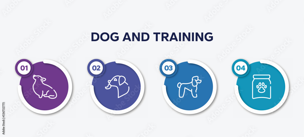 infographic element template with dog and training outline icons such as corgi, dog licking, poodle, treat vector.