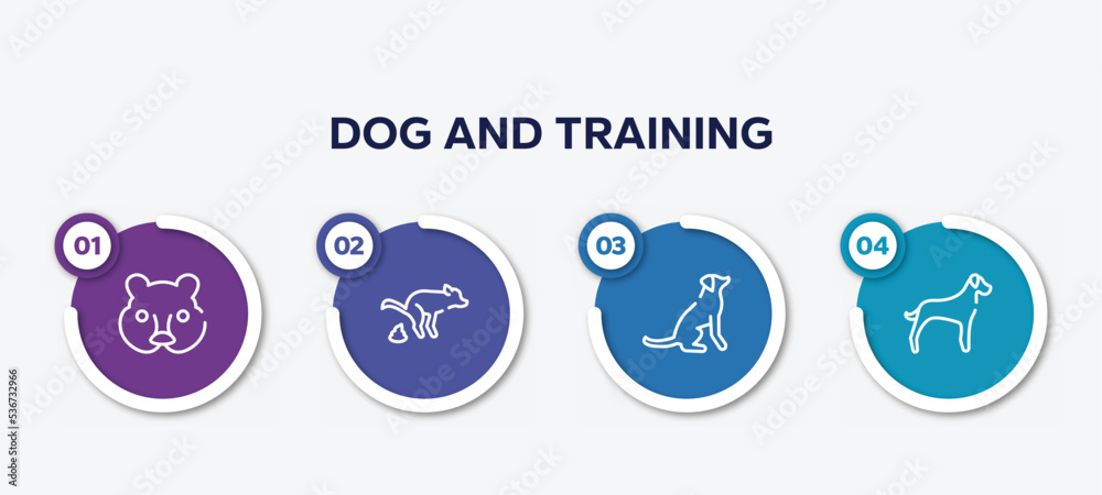 infographic element template with dog and training outline icons such as hedgehog head, dog poo, dog seatting, great dane vector. infographic element template with dog and training outline icons such as hedgehog head, dog poo, dog seatting, great dane vector.