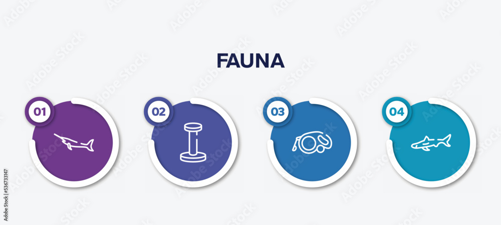 infographic element template with fauna outline icons such as big swordfish, scratching platform, extending leads, big shark vector.