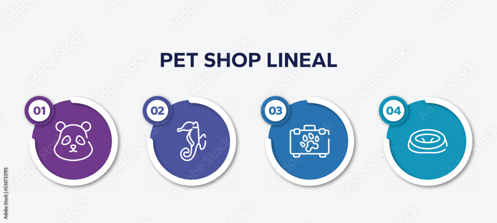 infographic element template with pet shop lineal outline icons such as panda bear head, sea horse, pet first aid, pet bed vector. infographic element template with pet shop lineal outline icons such as panda bear head, sea horse, pet first aid, pet bed vector.