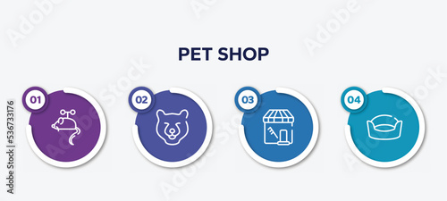 infographic element template with pet shop outline icons such as toy mouse, bear head, pet grooming, cat bed vector.