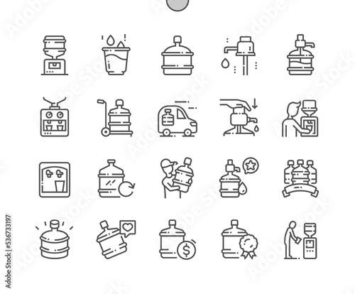 Water cooler. Best drinking water. Water bottle delivery. Buy, price and reviews. Pixel Perfect Vector Thin Line Icons. Simple Minimal Pictogram