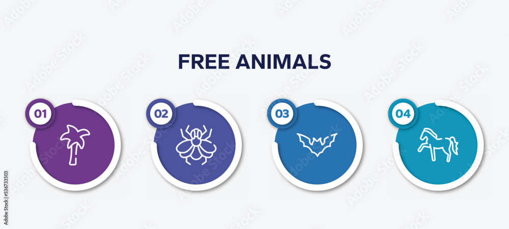 infographic element template with free animals outline icons such as plain palm tree, big fly, plain bat, horse with leg up vector.