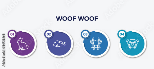 infographic element template with woof woof outline icons such as sitting rabbit, tropical fish, poisonous spider, bulldog head vector.