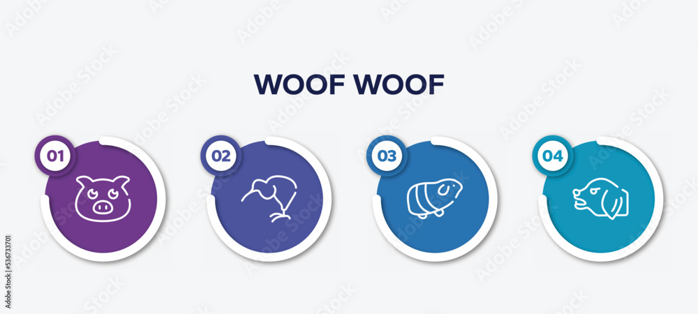 infographic element template with woof woof outline icons such as farm pig, kiwi eating, guinea pig heag, angry dog vector.