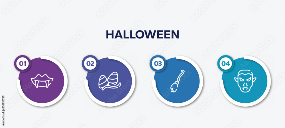 infographic element template with halloween outline icons such as fangs, gummy, broom, vampire vector.