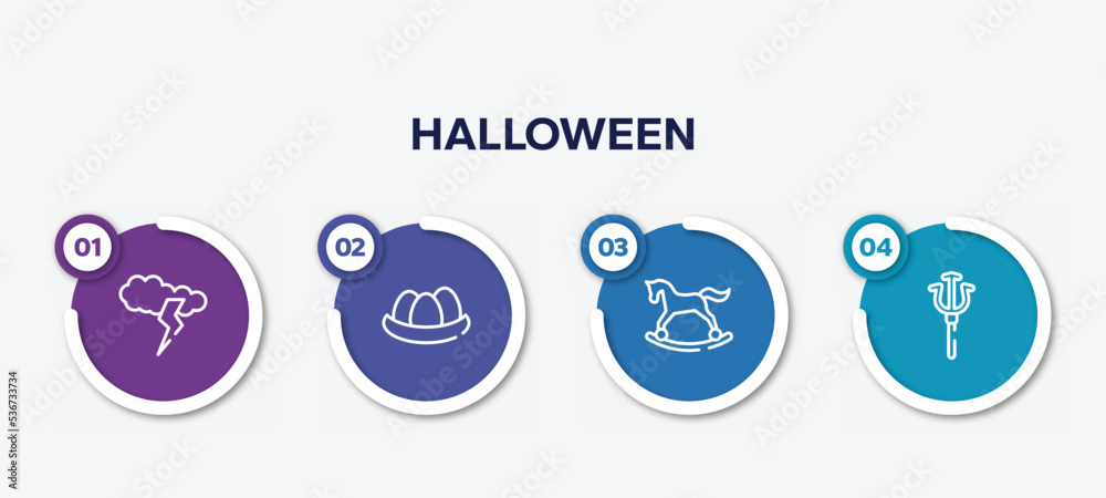 infographic element template with halloween outline icons such as cloud and lightnings, egg in a nest, horse rocker, trident vector.