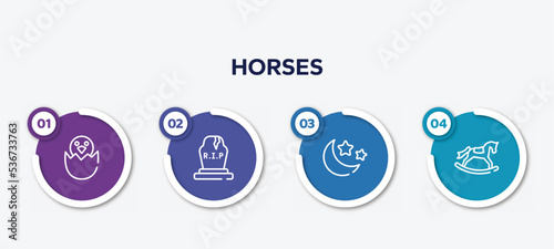 infographic element template with horses outline icons such as bird in broken egg, tombstone, moon and stars, rocker horse vector.