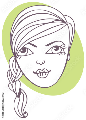 Young girl portrait avatar. Line art png illustration
