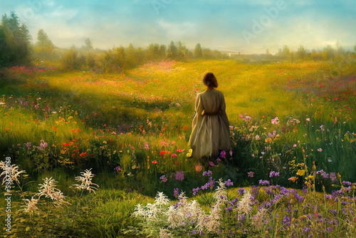 beautiful young woman wild landscape field with colorful flowers mountain on horizon blue cloudy sky summer pastel colors sunlight impressionism art style