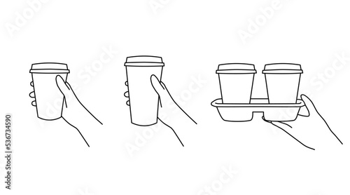 Set of hands holding different cups on white background. Coffee to go, moulded paper pulp coffee carry tray. Line art.