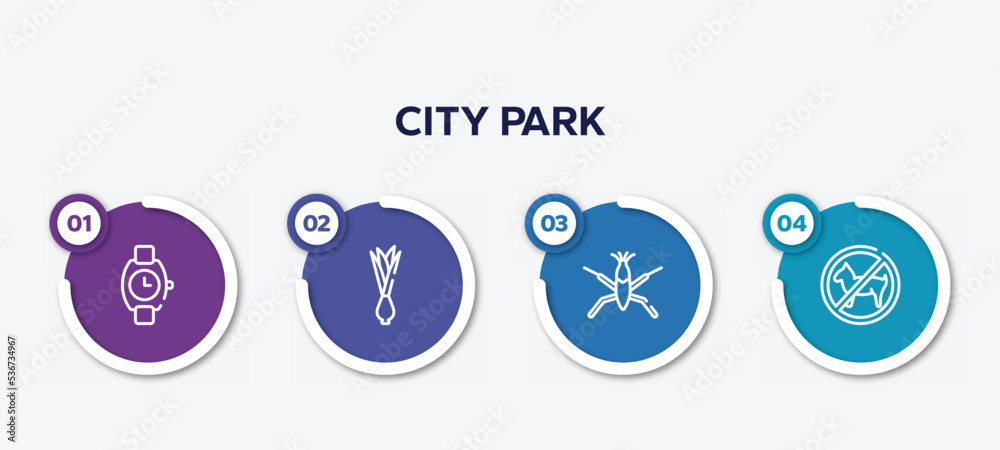 infographic element template with city park outline icons such as wristwatch, onion, pond skater, forbidden vector.