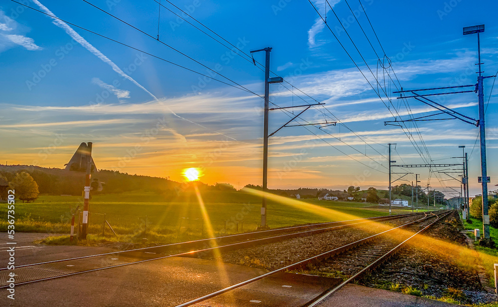 railway in the glowing sunset