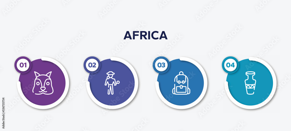 infographic element template with africa outline icons such as squirrel, explorer, backpack, vase vector.