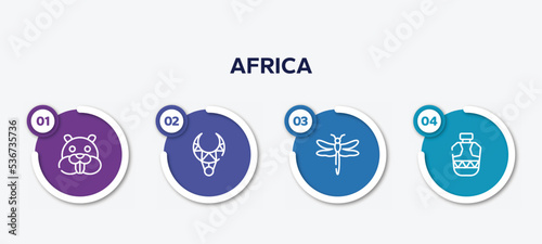 infographic element template with africa outline icons such as beaver, necklace, dragonfly, canteen vector.