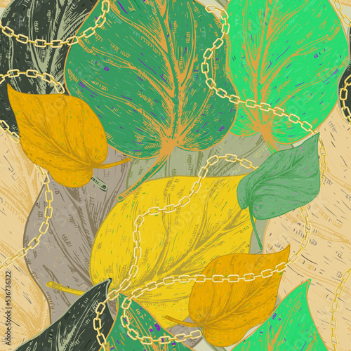 Autumn leaves and golden chains seamless pattern. Leafy dirty ornamental grunge background. Hand drawn doodle autumn plants abstract ornament. Repeat vector colorful backdrop. Line art doodle leaf