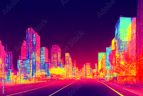 Neon city in metaverse illustration. Futuristic cyber city cityscape. Empty road with neon lights. 3D image. Used neural network for drawing.