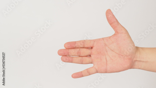 Soh hand sign (pitch) on white background .The sign of tone in key photo