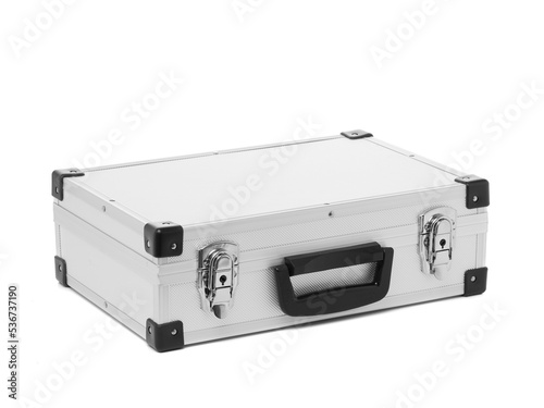 Metal suitcase isolated on white background.