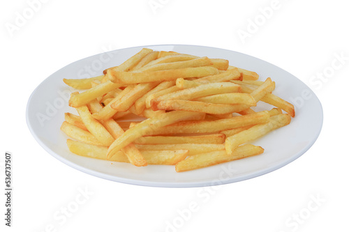 Plate of french fries on white background with PNG.