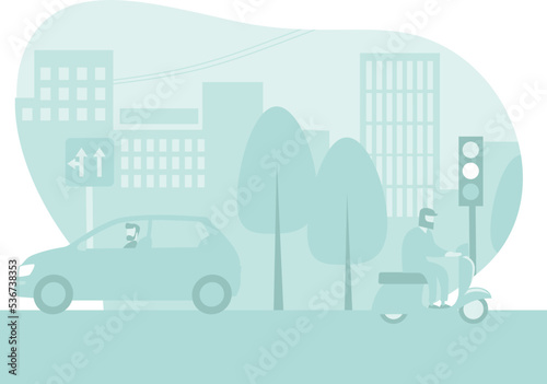 Light blue cityscape background. City buildings with trees at park view.