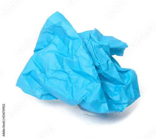 Blue crumpled paper close-up on isolated white background