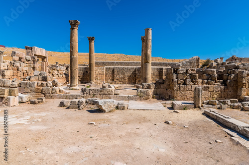 A view into the ruins of Saint George Church in the ancient Roman settlement of Gerasa in Jerash, Jordan in summertime