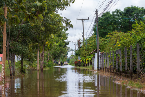 PHICHIT, THAILAND - Oct 2, 2022: Roads flooded and House after the heavy rain in Thailand