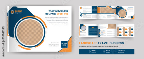 Travel landscape trifold business brochure, corporate flyer cover, minimal roll up banner, design