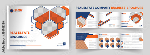 Real estate, construction, company landscape trifold home selling business brochure design template
